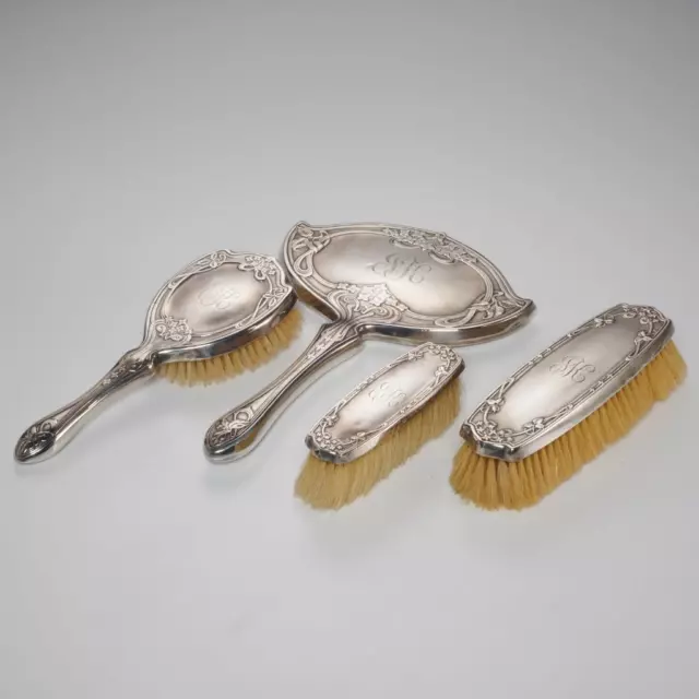 Foster Bailey Art Nouveau Sterling Silver Vanity Mirror Brush Set 4 Pc Antique