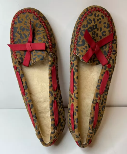 UGG Leopard Print Women's Moccasins Slippers Shoes Brown w/Red Bow Size 6