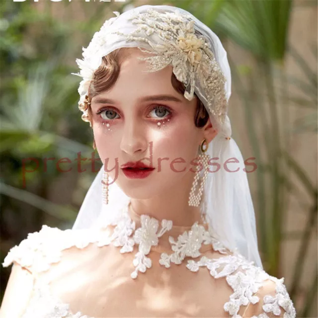 Long Vintage Juliet Cap Wedding Bridal Veils Cathedral Champagne Applique Beaded