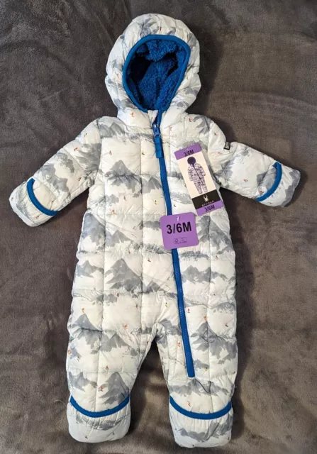 Spyder Baby 1 piece Snowsuit Infant 3/6 month GRAY BLUE pram Hooded Sherpa Lined