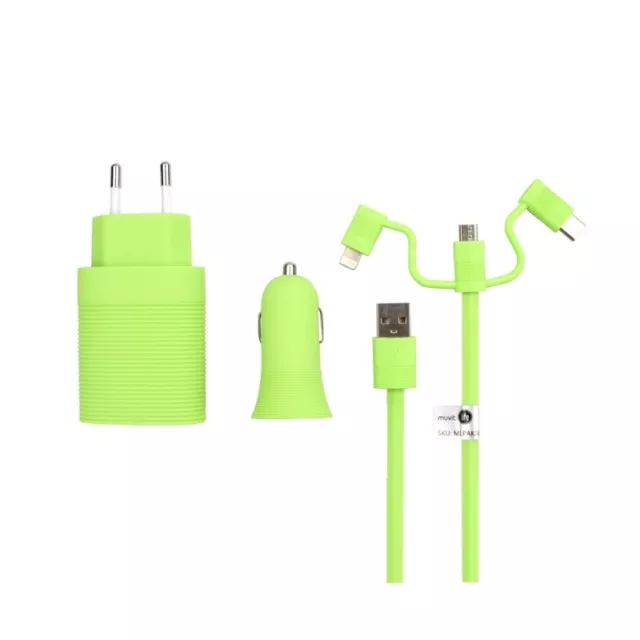 Pack Muvit Life cargador de coche usb+cargador de casa usb+cable 3 en 1 verde