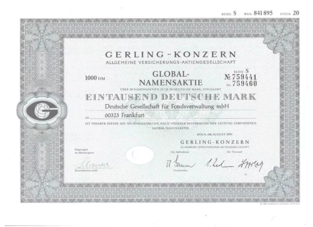 Gerling Konzern Allgemeine Versicherung  1993  Köln   Globalaktie  HDI