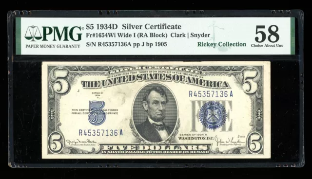 DBR 1934-D $5 Silver Fr. 1654Wi Wide I RA Block PMG 58 Serial R45357136A