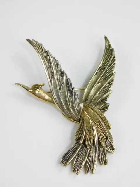 Vintage ART Signed Arthur Pepper Flying Bird Crane Gold Tone Brooch Pin 3"