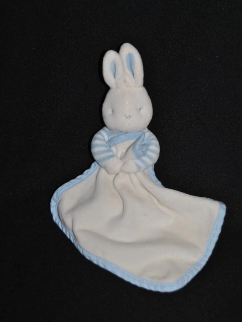 Peluche Doudou Lapin Bleu Rayé Blanc KLORANE  Mouchoir Carré Blanc 20 Cm TTBE
