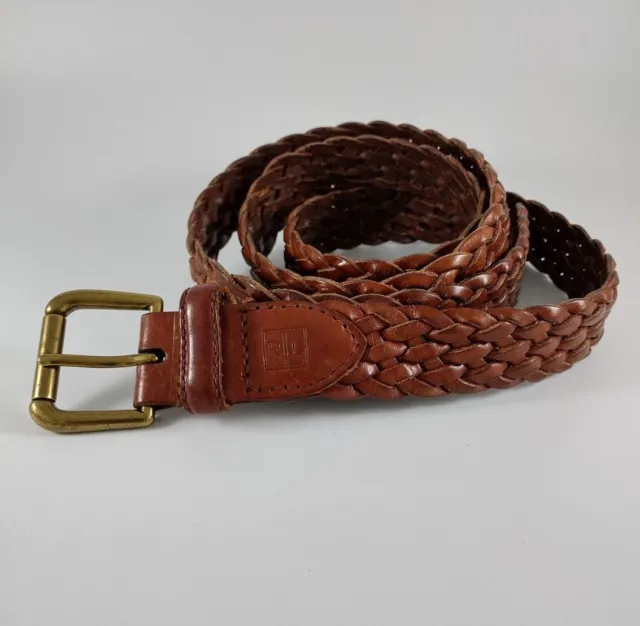 Vintage Ralph Lauren Braided Leather Belt W/ Solid Brass Buckle Sz 38 Logo