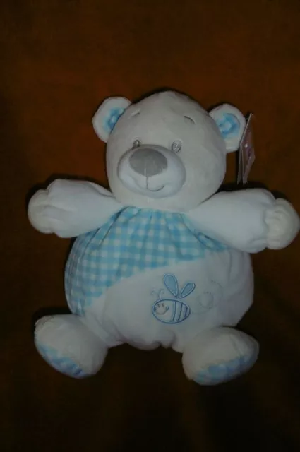 Doudou Peluche Ours Boule Blanc Vichy Bleu Abeille Gipsy 27 cm Neuf