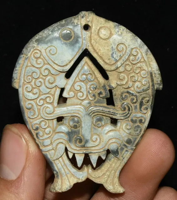 6CM Old China Han Dynasty Natural Hetian Jade Carve Fish Beast Head YuBi YuBi