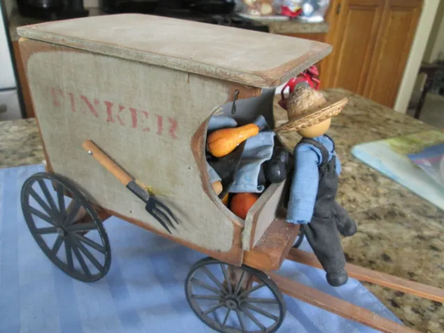 Antique Hand Made Wooden Tinker's Wagon With Amish Couple