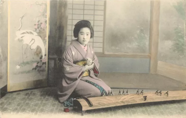 Hand-Colored Postcard Japan Geisha Woman Kneels by Koto Musical Instrument