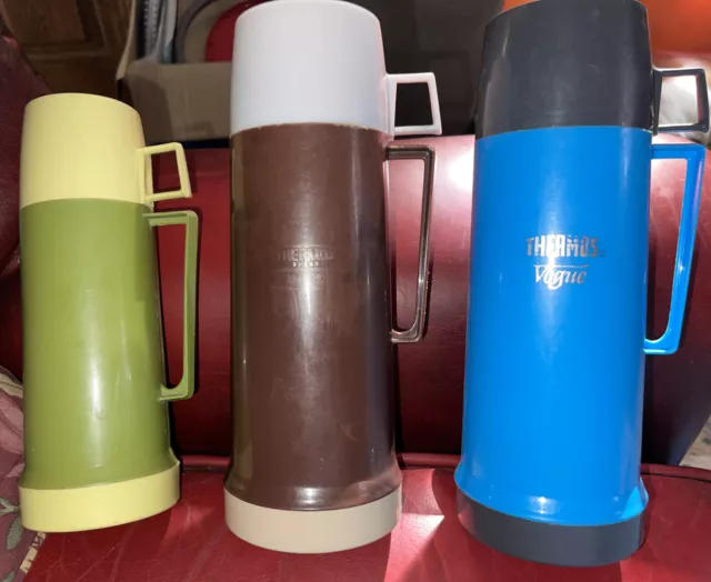 3 Vintage Thermos Flask's. The Sizes Are In The Description Plastic Outsides