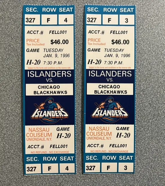 Vintage 1996 New York Islanders Ticket Stubs Vs Chicago Blackhawks, Jan 9, 1996