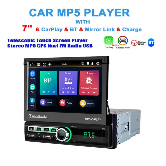 Carplay 1 DIN 7" Telescopic Touch Screen Player Stereo MP5 GPS Navi FM Radio USB