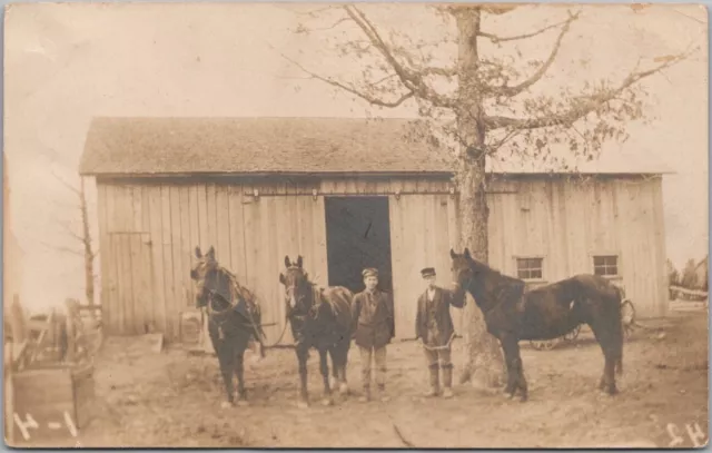 c1910s RPPC Real Photo Postcard FARM SCENE Two Men & Three Horses / Barn View