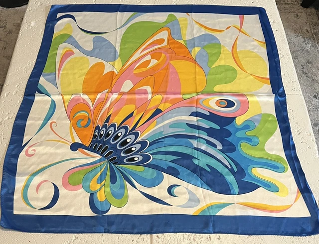 Beautiful 100% Silk Scarf White/Multi with Large Colorful Butterfly 34 In Square Beautiful 100% Silk Scarf White/Multi with Large Colorful Butterfly 34 In Square