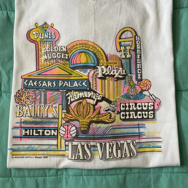 Vintage Las Vegas Older Graphic w/Casinos XXL White T-Shirt Western Supply 1988 
