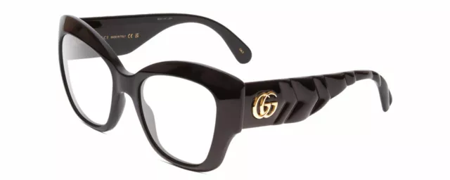 Gucci GG0808S Designer Reading Glasses Black Ribbed Chevron Gold Logo Cat Eye 53