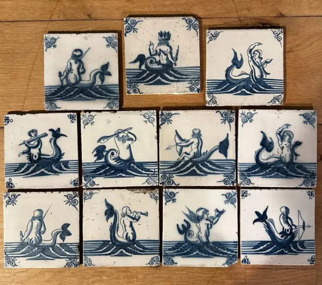 Eleven 1500's/1600's Dutch Delft Faience Tiles with Mermaids & Neptune