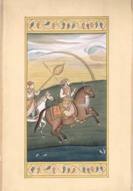 Indien Peinture Miniature De Moghol Empereur Shahjahan Riding Sur Cheval Papier