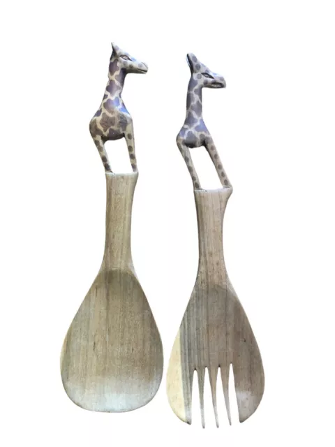 Handcrafted Wooden Salad Servers Fork & Spoon Set Giraffe Handles 12"  Safari