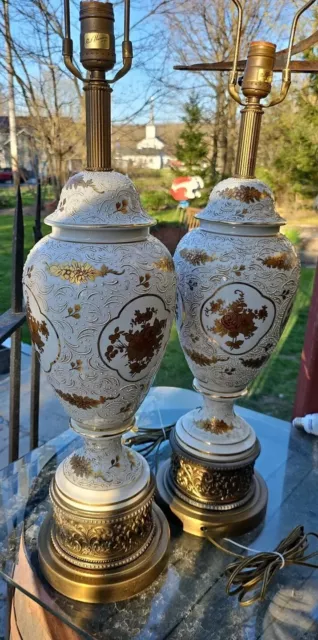 Paul Hanson MCM 42" Porcelain Brass Applied Scroll Acanthus Urn Table Lamp PAIR