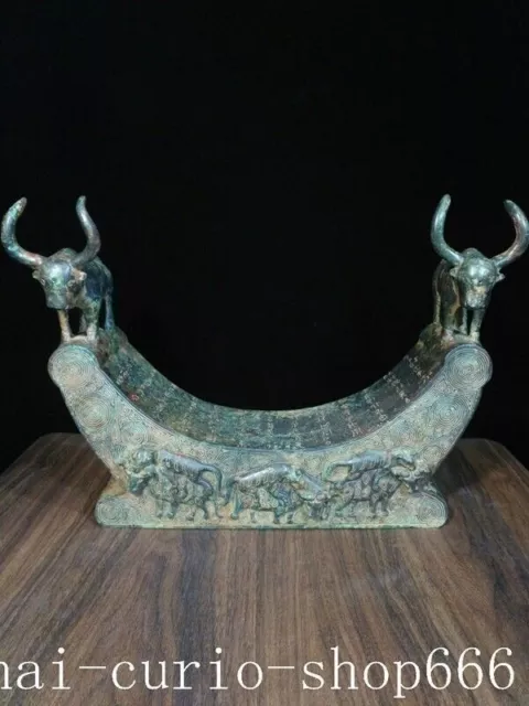 16.2"China Ancient Bronze ware cow cattle Inscription pillow Pulse pillow statue