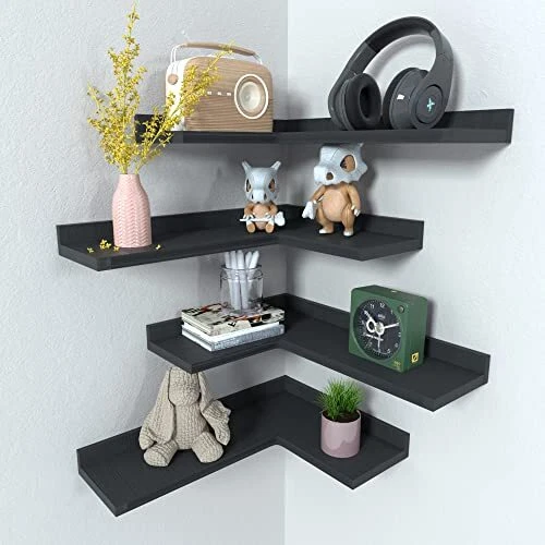 4 Tier Corner Floating Shelves Set of 4, Rustic Pine Wood Corner Shelves for