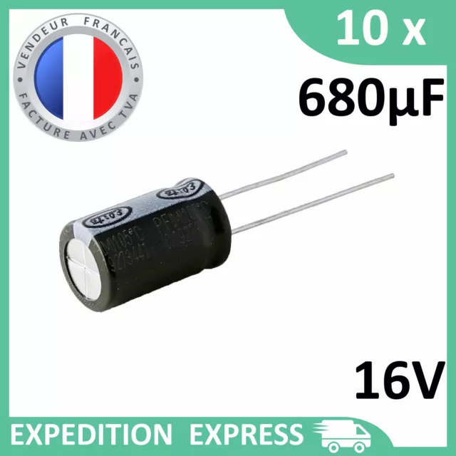 10 condensateurs électrolytique 680µF 680uF 16V radial WH 105°C THT chimique