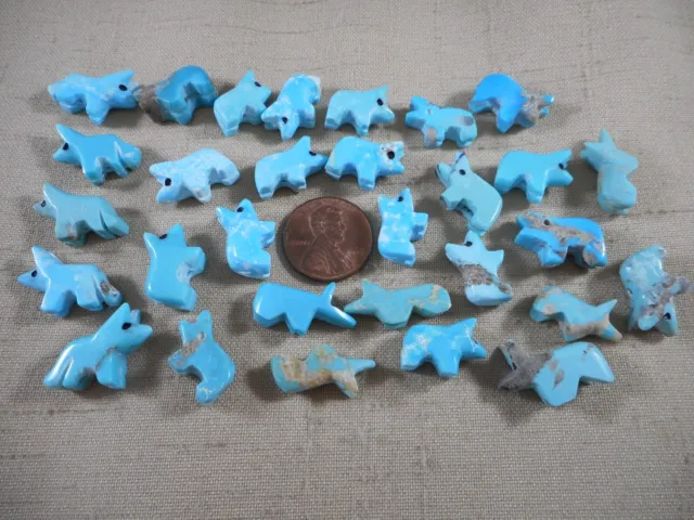 Collection of 30 hand carved genuine turquoise drilled animal fetishes