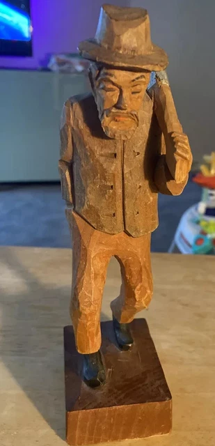 Hand Carved wooden Asian Man bearded Woodsman Ax & hat Vintage Statue Figurine