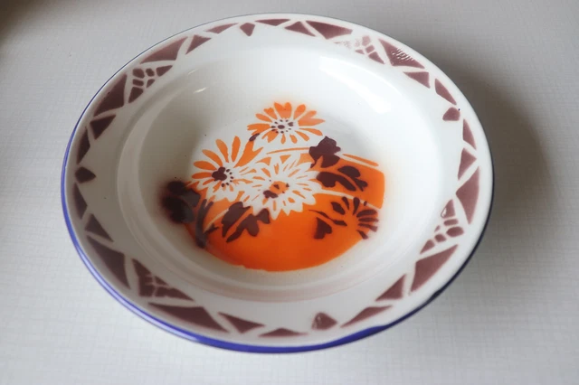BELLE ANCIENNE ASSIETTE EN TÔLE ÉMAILLÉE - DÉCOR FLEUR - ASSIETTE CREUSE 22 cm