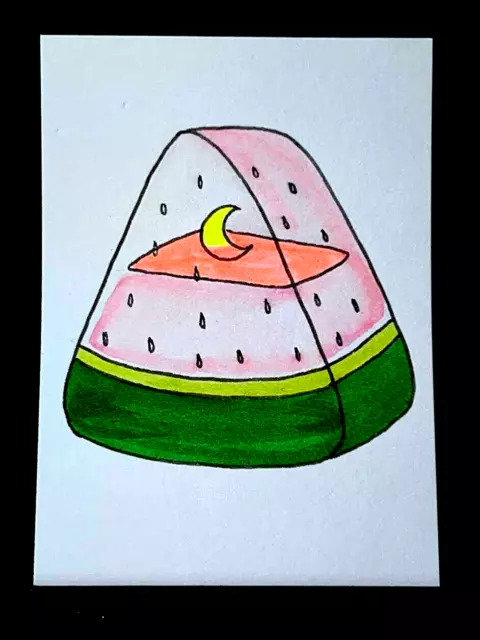 Original ACEO Slice Of Watermelon Ink Art Medium Marker on Paper Signed Artist