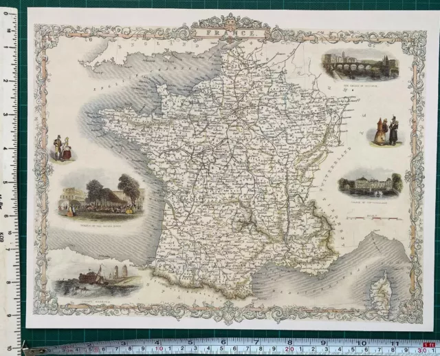 Old Antique picture map 1800s: France: Tallis: Reprint 1851 Fontainebleau Calais