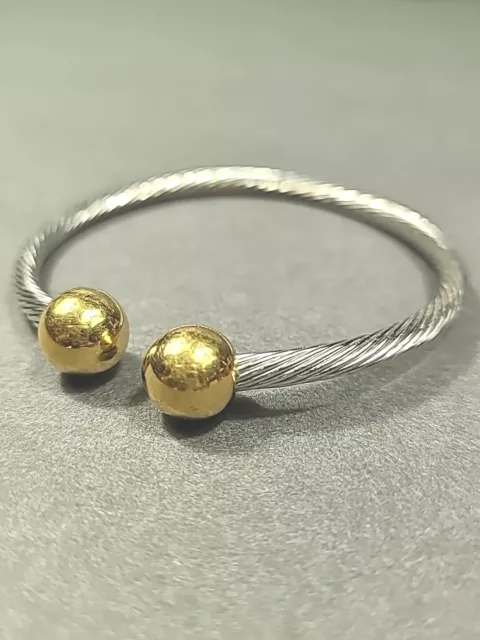 Two Tone Stainless Steel Twisted Metal Magnet Gold Tone Balls Bangle Bracelet