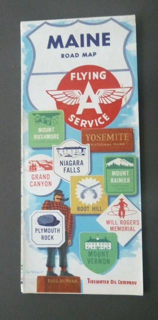 1960 Maine road map Tidewater Flying A oil gas