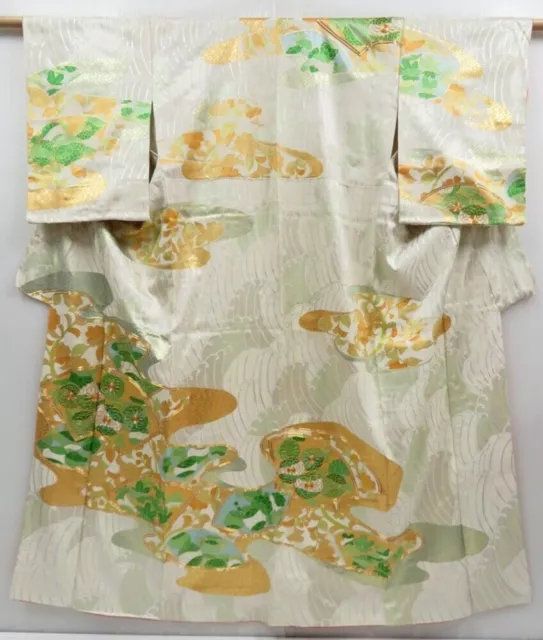 3926T05z1120 Kimono japonais vintage Soie TSUKESAGE Chrysanthème Blanc cassé