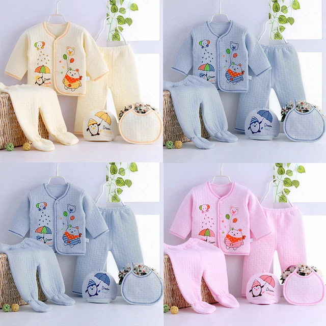 Boys Girls Cartoon Outfit Newborn Baby Long Sleeve Tops+Hat+Pants+Bibs Sets 5PCs
