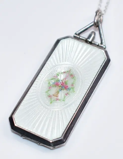 BEYOND MAGNIFICENT White Antique *STERLING ENAMEL GUILLOCHE* Locket Necklace F&B