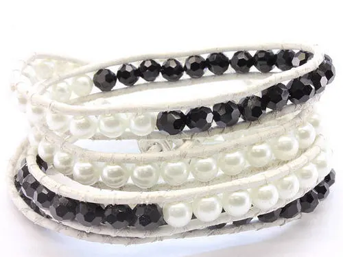 Glass Bead & Faux Pearl Toggle Wrap Bracelet in BLK/Wht