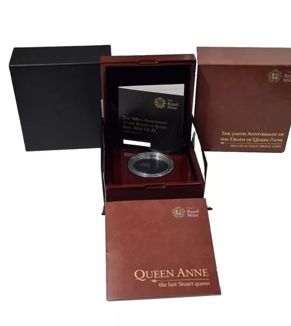 2014  Royal Mint The 300th Anniversary Of The Death Of  Queen Anne £5 Gold Proof