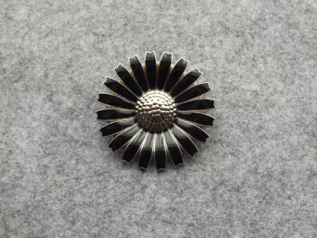 Georg Jensen Silver Daisy Brooch Black Enamel 43mm