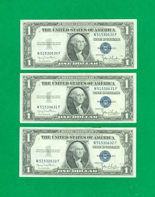 $1 1935-D 3 N/F Block Blue Seal Silver Certificates Cu. Wide. Lite Fold