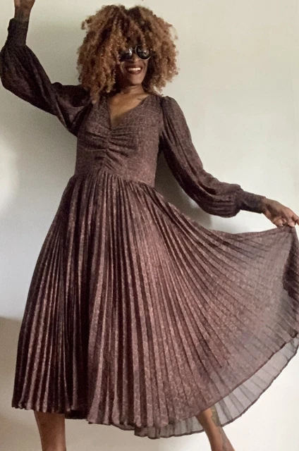 Bnwt Hm Black & Brown Crocodile Print Long Sleeves Pleated Maxi Dress Size: 10