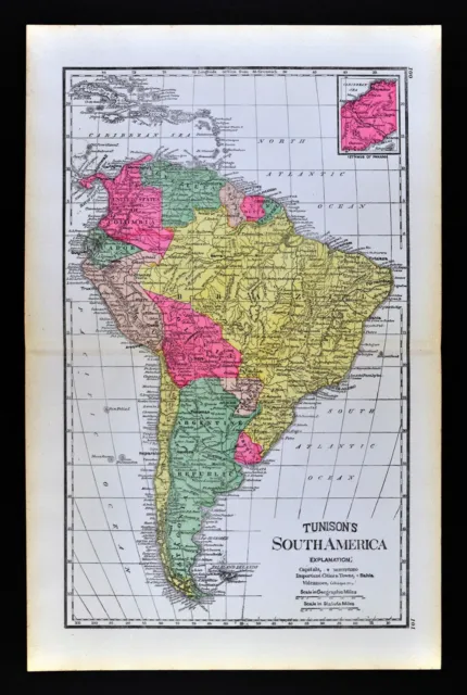1886 Tunison Map South America Brazil Argentina Peru Colombia Bolivia Venezuela