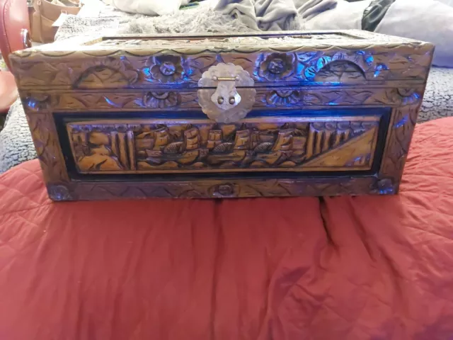 Antique Camphor Hand Carved Chinese Warrior Running Into Battle Chest With Brass