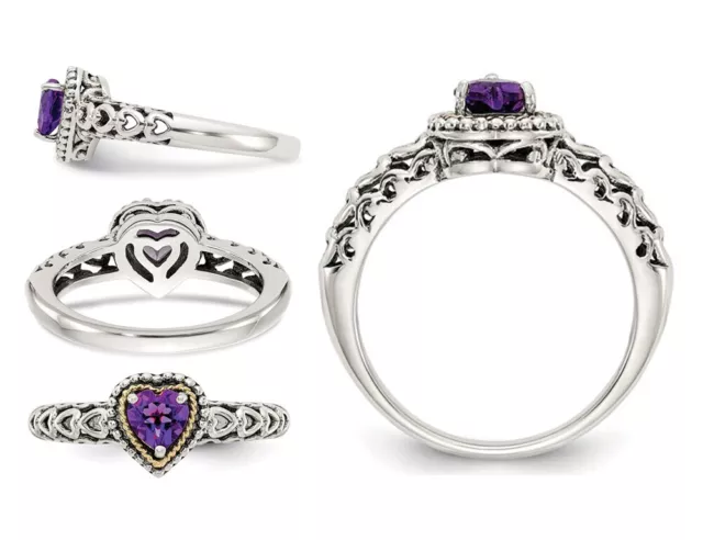 1/3 Carat (ctw) Amethyst Heart Ring in Sterling Silver with 14K Gold Accents 3