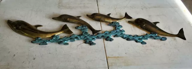 Vintage Mid Century Brass Dolphins Wall Sculpture Hanging Decor 38" Long