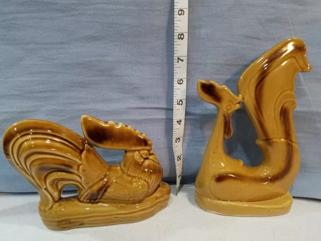 Vintage Ceramic Roosters Brown Art Deco Set Of 2 MCM Chickens Home Kitchen