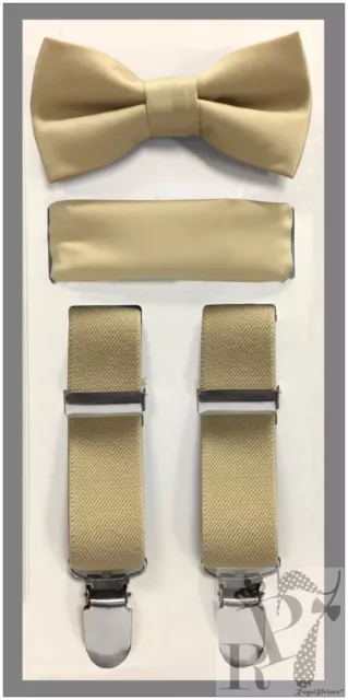 Beige NEW Boy's Clip Suspender Bow tie & Pocket Square Handkerchief 3 pieces set