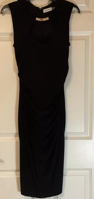 CALVIN KLEIN BLACK Midi Dress, Sexy Neck, size 4, Ruched, Zipperback ...